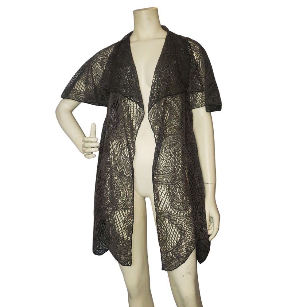 Pretty Angel Gray Linen Blend Asymmetrical Crochet Cardigan Womens Size Small